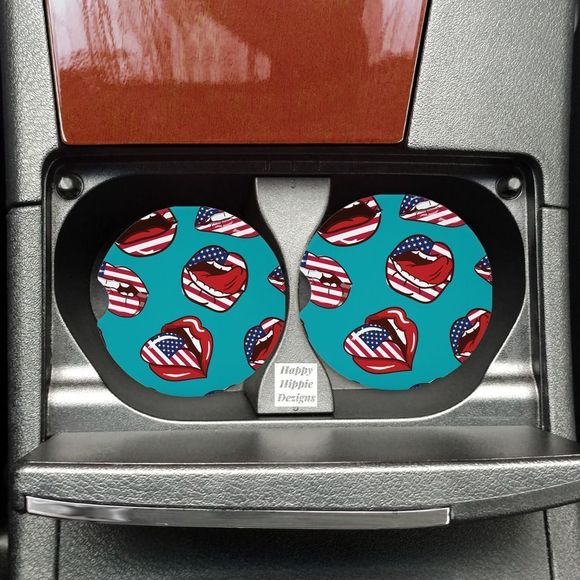 Retro Patriotic Lips Car Coasters 2 Pack - Picture 1 of 5